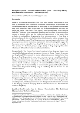 Paradiplomacy and Its Constraints in a Quasi-Federal System – a Case Study of Hong Kong SAR and Its Implications to Chinese Foreign Policy