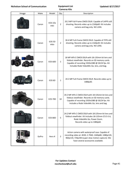 Nicholson School of Communication Equipment List Cameras Kits Updated