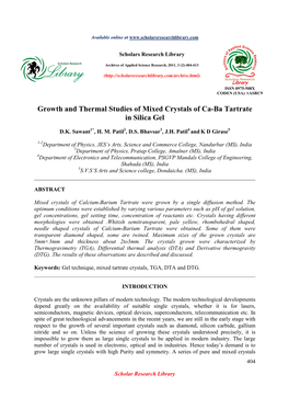 Growth and Thermal Studies of Mixed Crystals of Ca-Ba Tartrate in Silica Gel