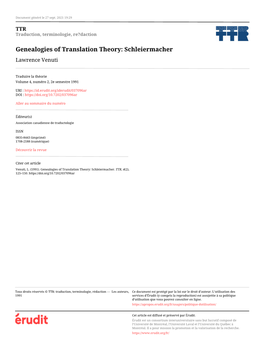 Genealogies of Translation Theory: Schleiermacher Lawrence Venuti