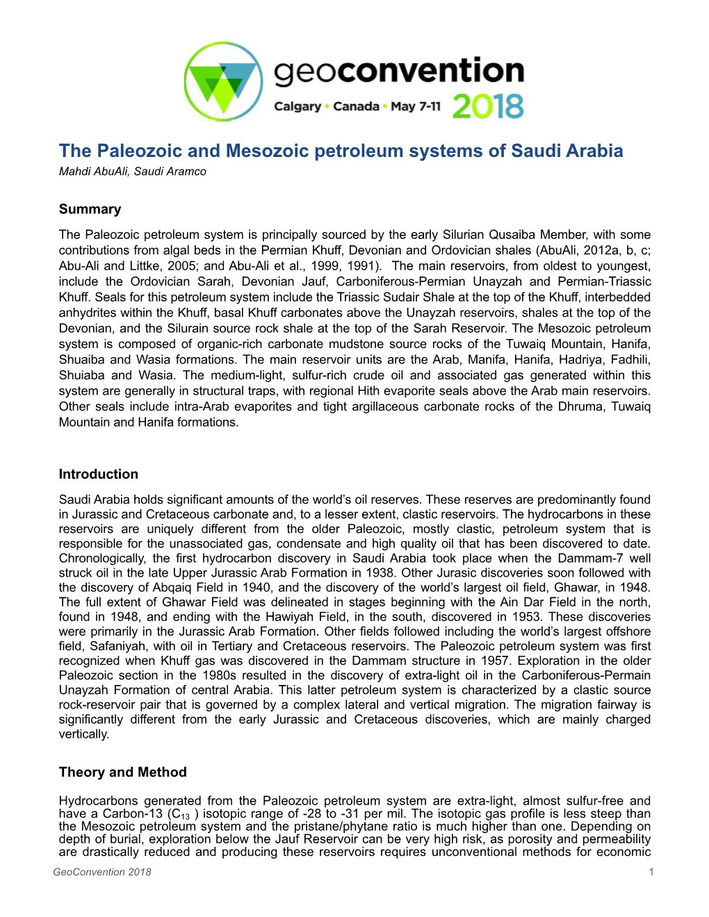 The Paleozoic and Mesozoic Petroleum Systems of Saudi Arabia Mahdi Abuali, Saudi Aramco