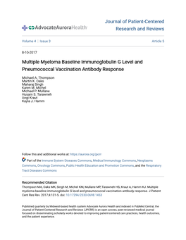 Multiple Myeloma Baseline Immunoglobulin G Level and Pneumococcal Vaccination Antibody Response
