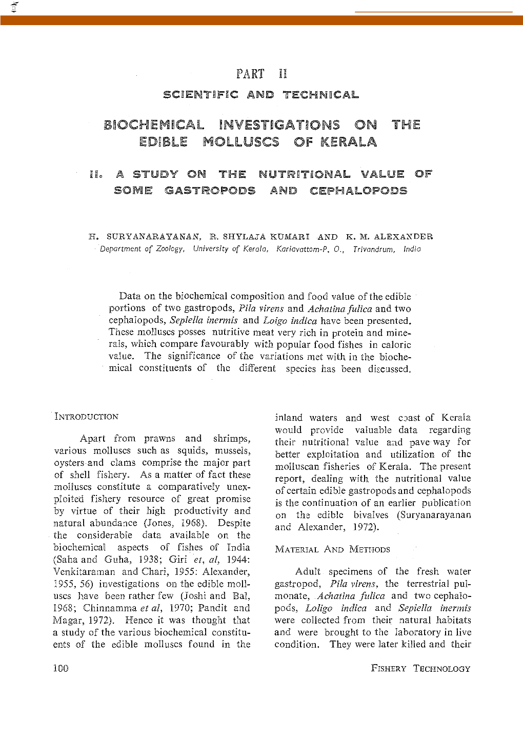 Biochemical Investigation on the Edible Molluscs of Kerala. 3. a Study on the Nutritional Value of Some Gastropods and Cephalopo