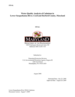 Water Quality Analysis of Cadmium in Lower Susquehanna River, Cecil and Harford County, Maryland