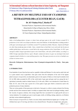 A REVIEW on MULTIPLE USES of CYAMOPSIS TETRAGONOLOBA (CLUSTER BEAN, GAUR) Dr