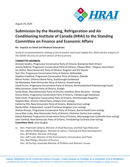 Submission by the Heating, Refrigeration and Air Conditioning Institute of Canada (HRAI) to the Standing Committee on Finance and Economic Affairs