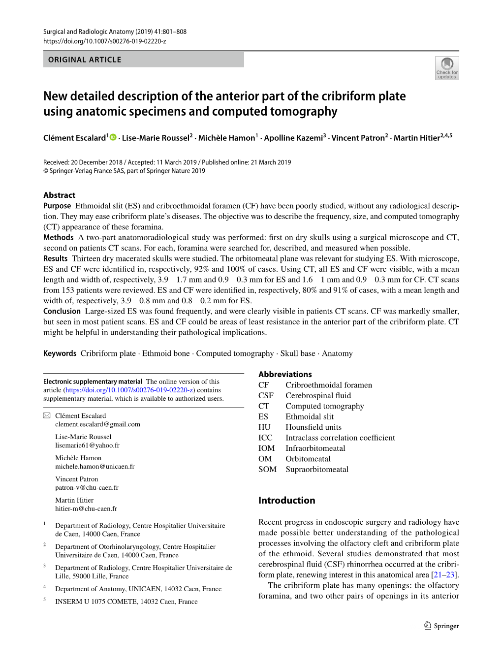 New Detailed Description of the Anterior Part of the Cribriform Plate Using Anatomic Specimens and Computed Tomography