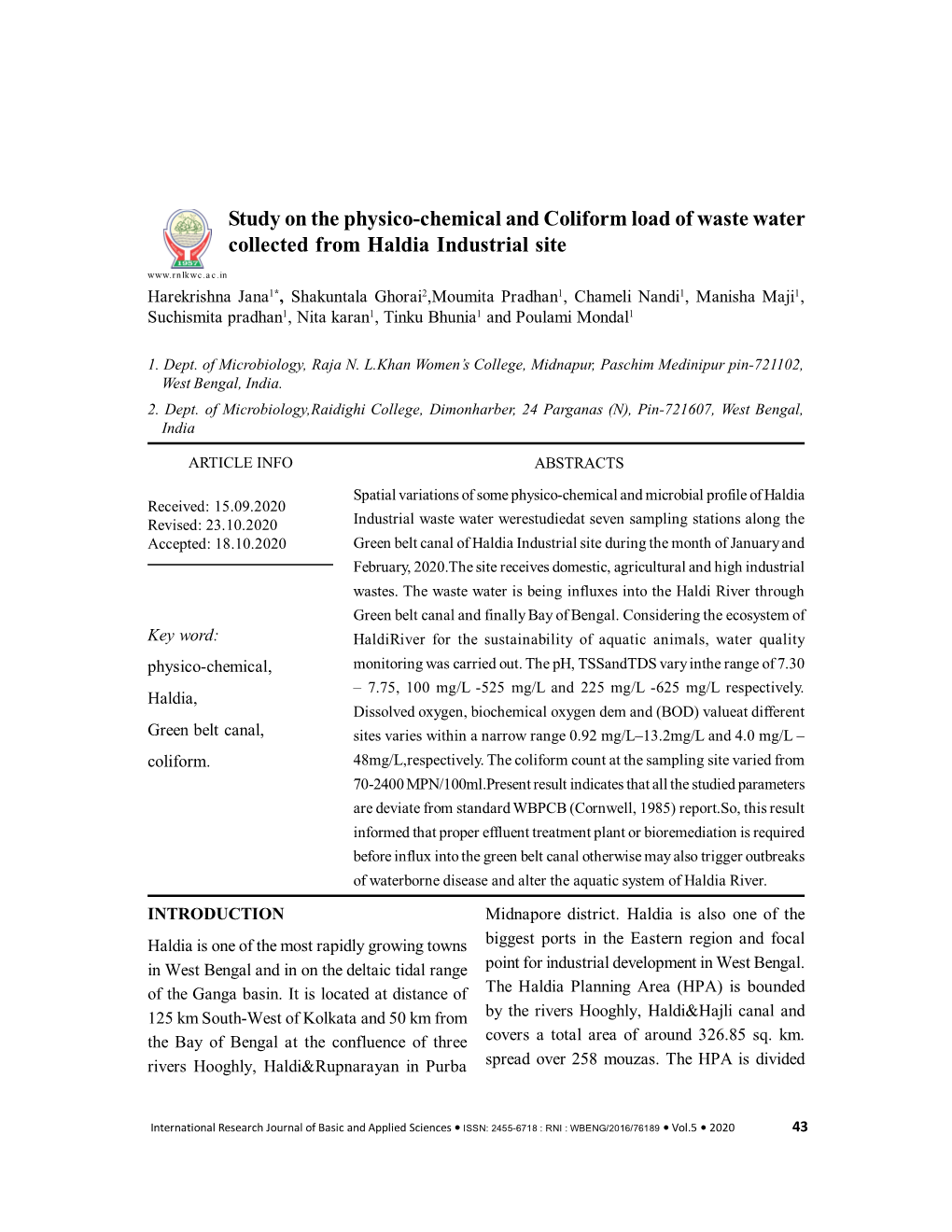 Study on the Physico-Chemical and Coliform Load of Waste Water