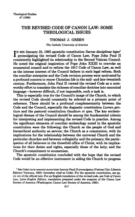 The Revised Code of Canon Law: Some Theological Issues Thomas J