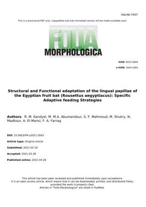 Rousettus Aegyptiacus): Specific Adaptive Feeding Strategies