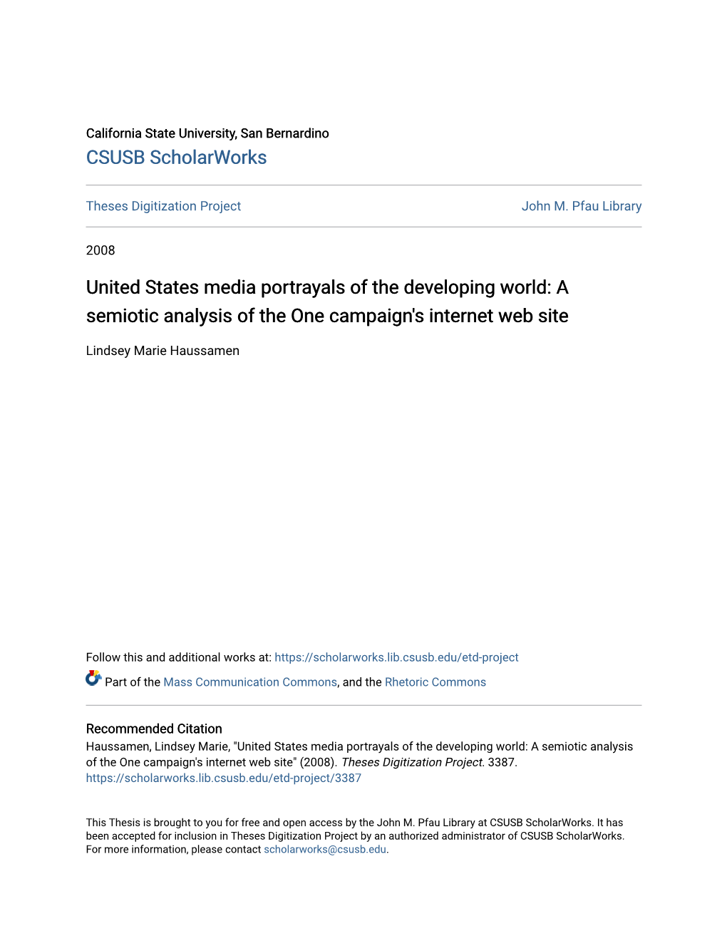 United States Media Portrayals of the Developing World: a Semiotic Analysis of the One Campaign's Internet Web Site