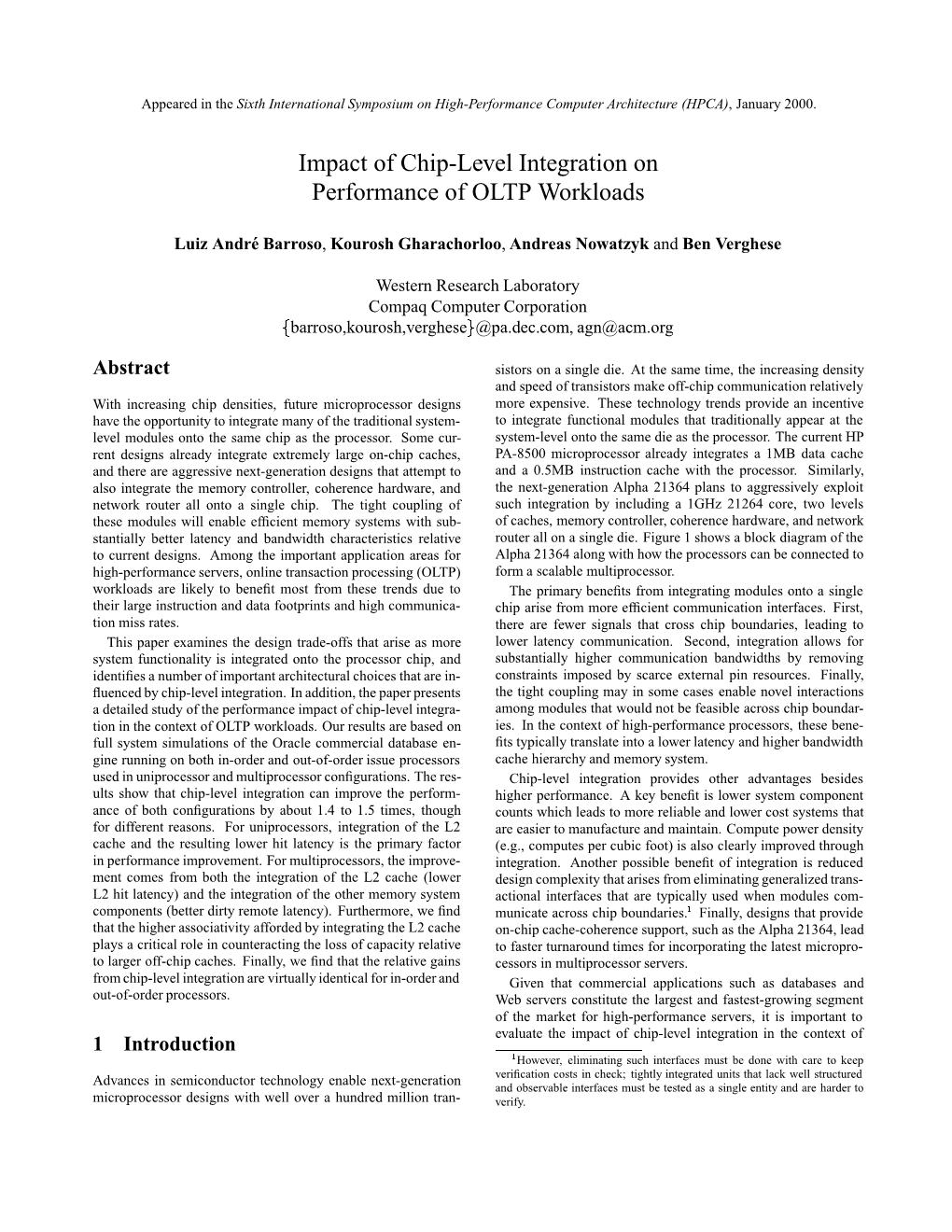 Impact of Chip-Level Integration on Performance of OLTP Workloads