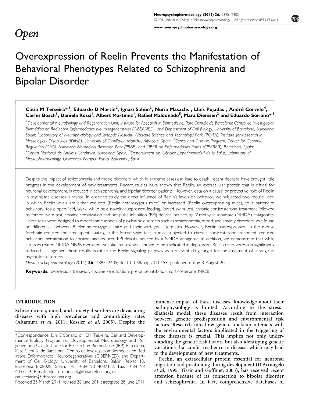 Overexpression of Reelin Prevents the Manifestation of Behavioral Phenotypes Related to Schizophrenia and Bipolar Disorder