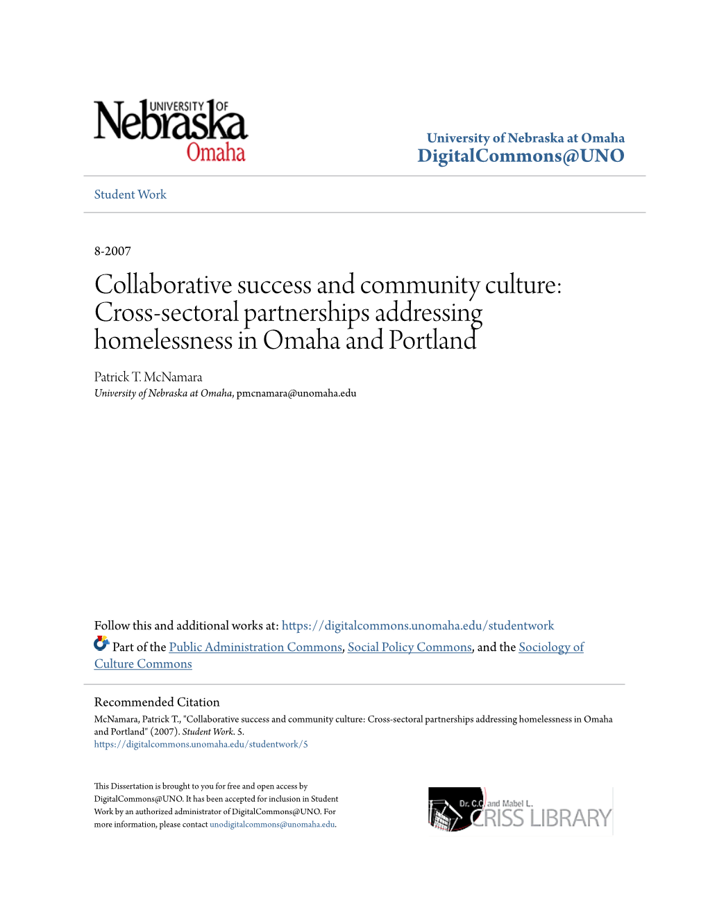 Cross-Sectoral Partnerships Addressing Homelessness in Omaha and Portland Patrick T