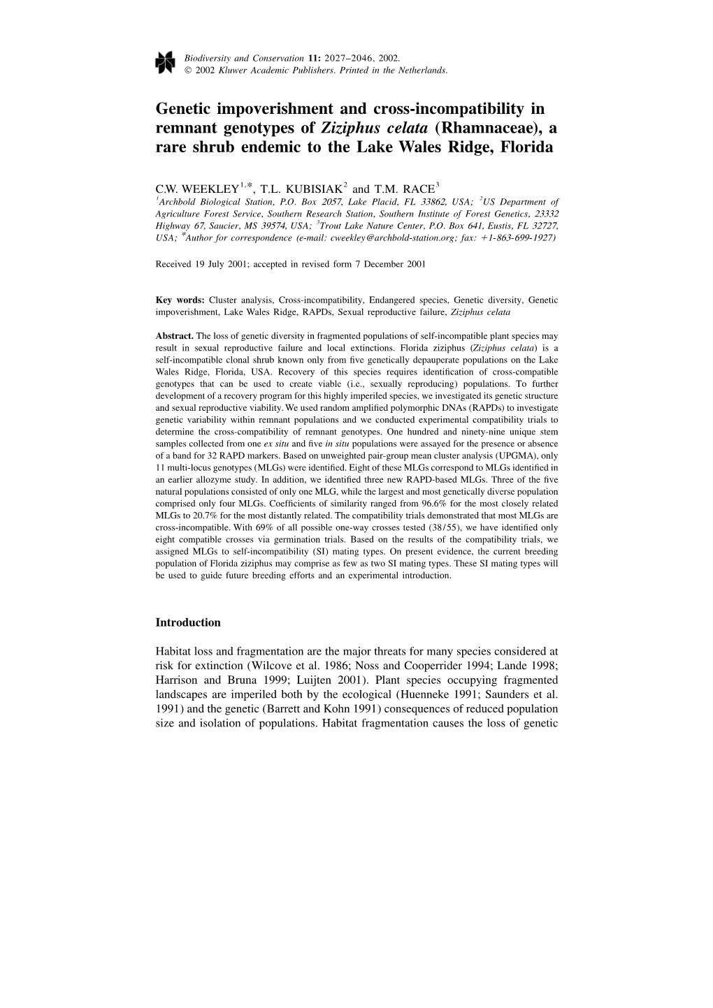 Genetic Impoverishment and Cross-Incompatibility in Remnant Genotypes of Ziziphus Celata (Rhamnaceae), a Rare Shrub Endemic to the Lake Wales Ridge, Florida