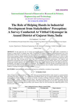 The Role of Helping Hands in Industrial Development from Stakeholders’ Perception: a Survey Conducted at Vitthal Udyonagar in Anand District of Gujarat State, India