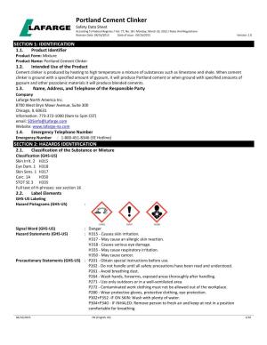 Portland Cement Clinker Safety Data Sheet According to Federal Register / Vol