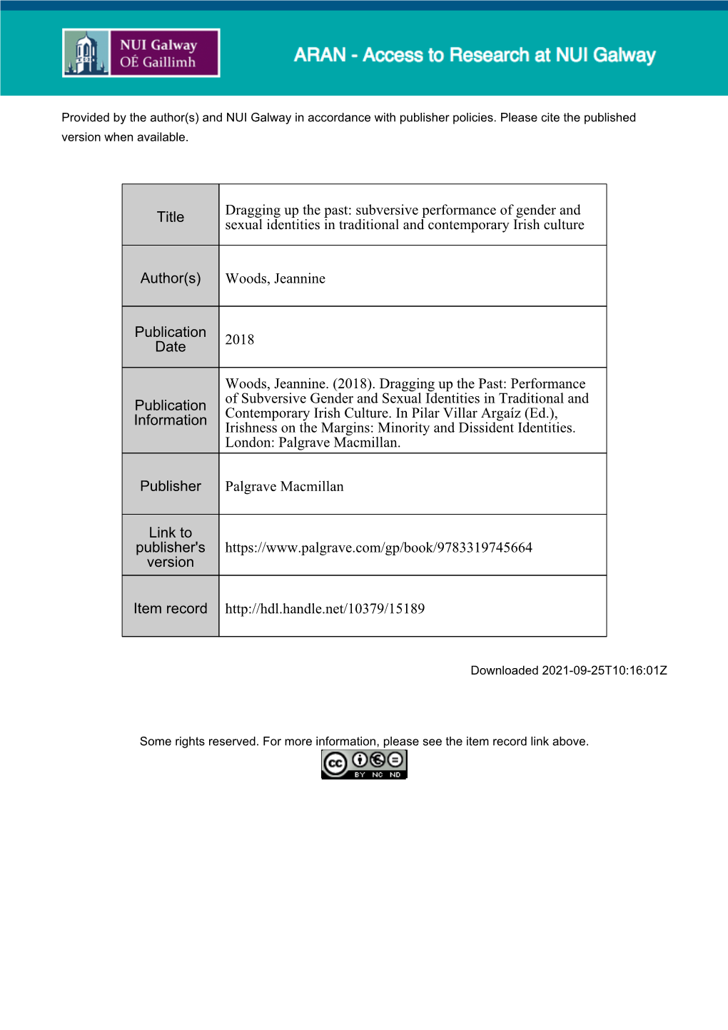 Dragging up the Past: Subversive Performance of Gender and Sexual Identities in Traditional and Contemporary Irish Culture