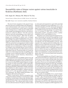 Susceptibility Status of Dengue Vectors Against Various Insecticides in Koderma (Jharkhand), India