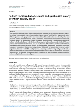 Radium Traffic: Radiation, Science and Spiritualism in Early Twentieth-Century Japan