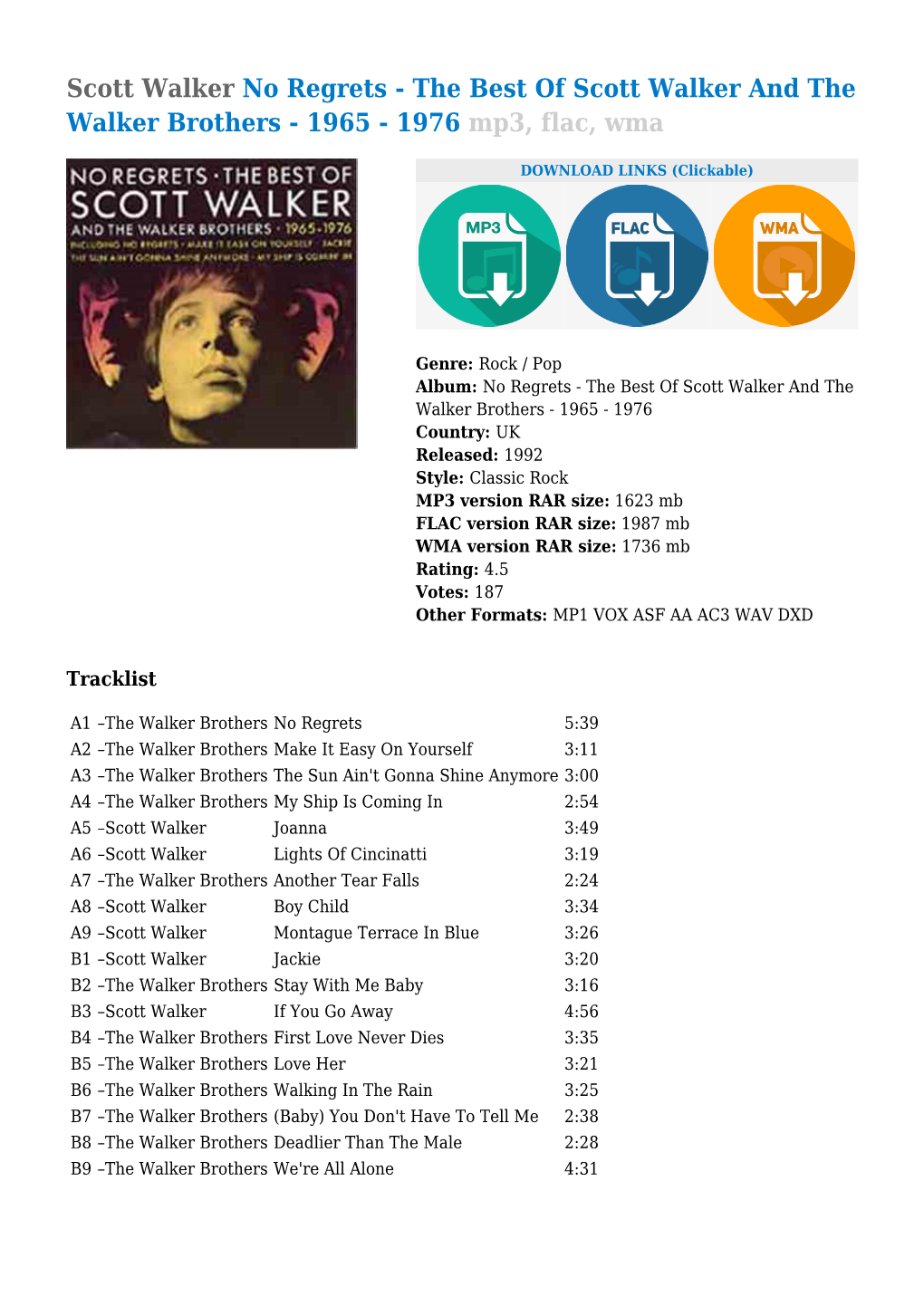 Scott Walker and the Walker Brothers - 1965 - 1976 Mp3, Flac, Wma
