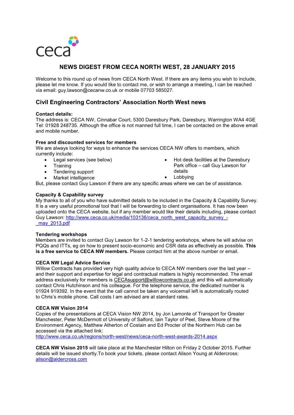 NEWS DIGEST from CECA NORTH WEST, 28 JANUARY 2015 Civil