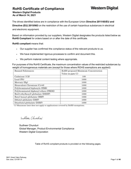 Rohs Certificate of Compliance Western Digital Products As of March 14, 2021
