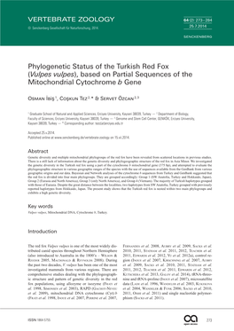 Phylogenetic Status of the Turkish Red Fox (Vulpes Vulpes), Based on Partial Sequences of the Mitochondrial Cytochrome B Gene