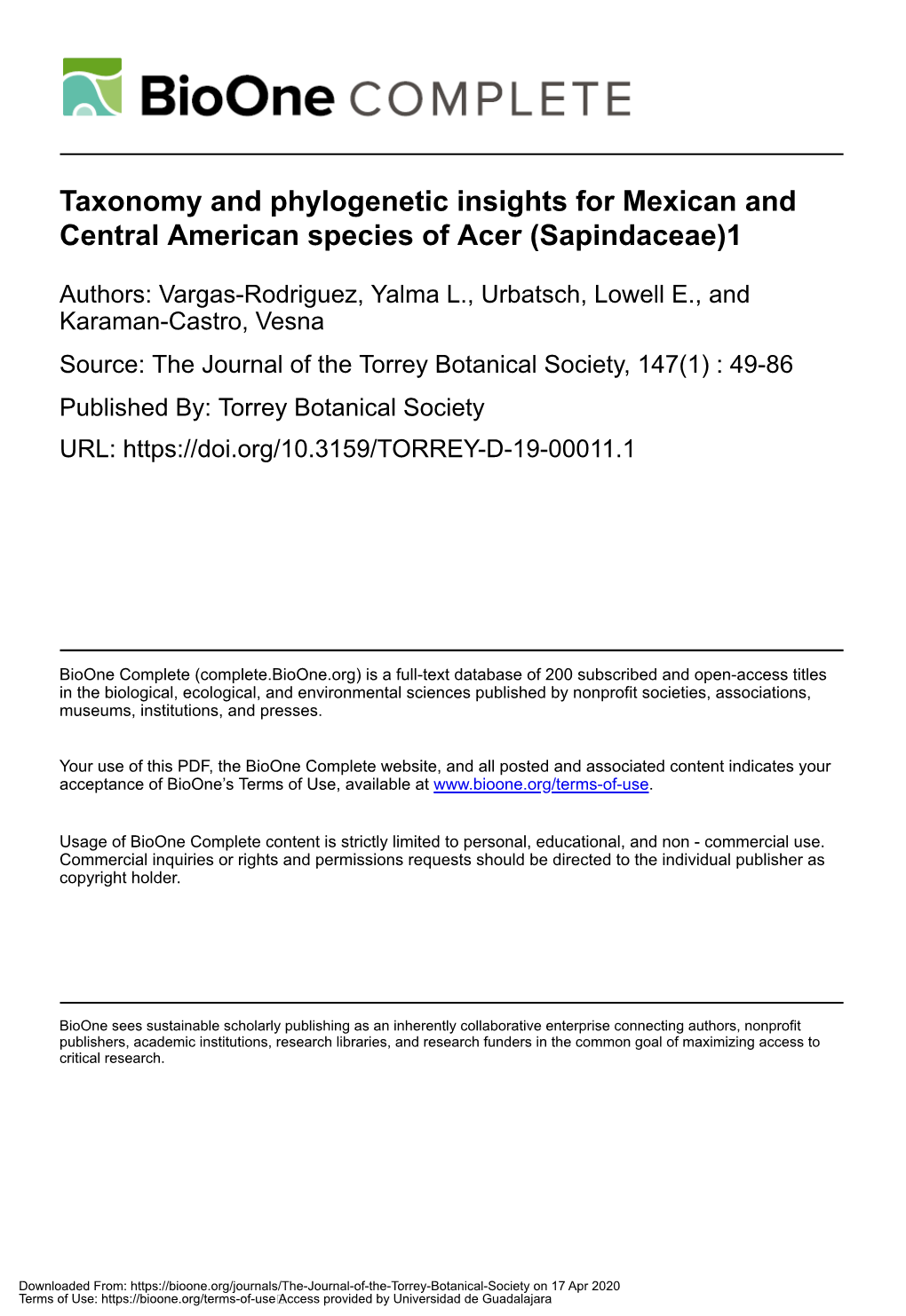 Taxonomy and Phylogenetic Insights for Mexican and Central American Species of Acer (Sapindaceae)1