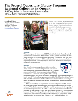 The Federal Depository Library Program Regional Collection in Oregon: Shifting Roles in Access and Preservation of U.S