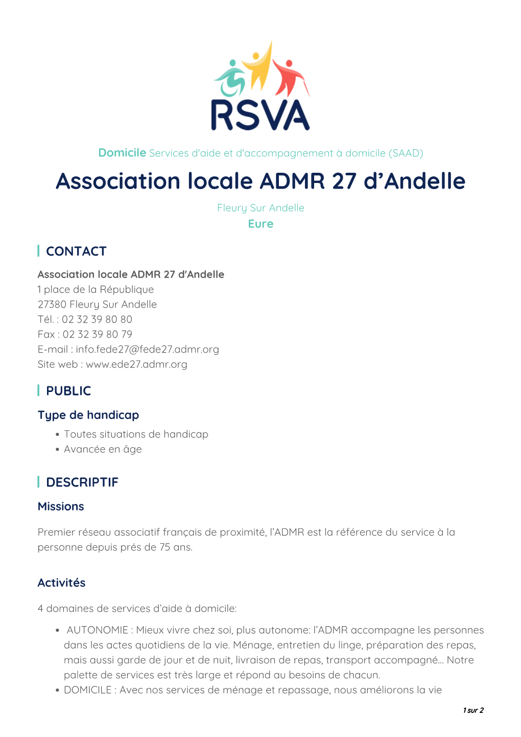 Association Locale ADMR 27 D'andelle 1 Place De La République 27380 Fleury Sur Andelle Tél
