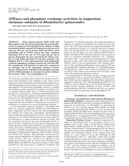 Atpases and Phosphate Exchange Activities in Magnesium Chelatase Subunits of Rhodobacter Sphaeroides (Chlorophyll͞bchd͞bchh͞bchi͞phosphorylation)