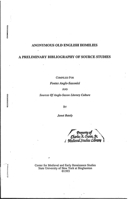 Anonymous Old English Homilies a Preliminary