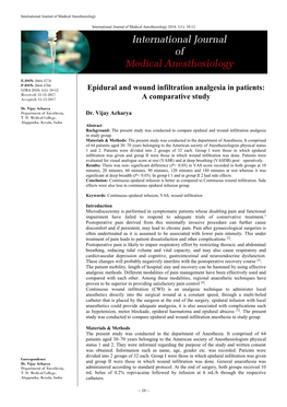 Epidural and Wound Infiltration Analgesia in Patients: Received: 11-11-2017 Accepted: 15-12-2017 a Comparative Study