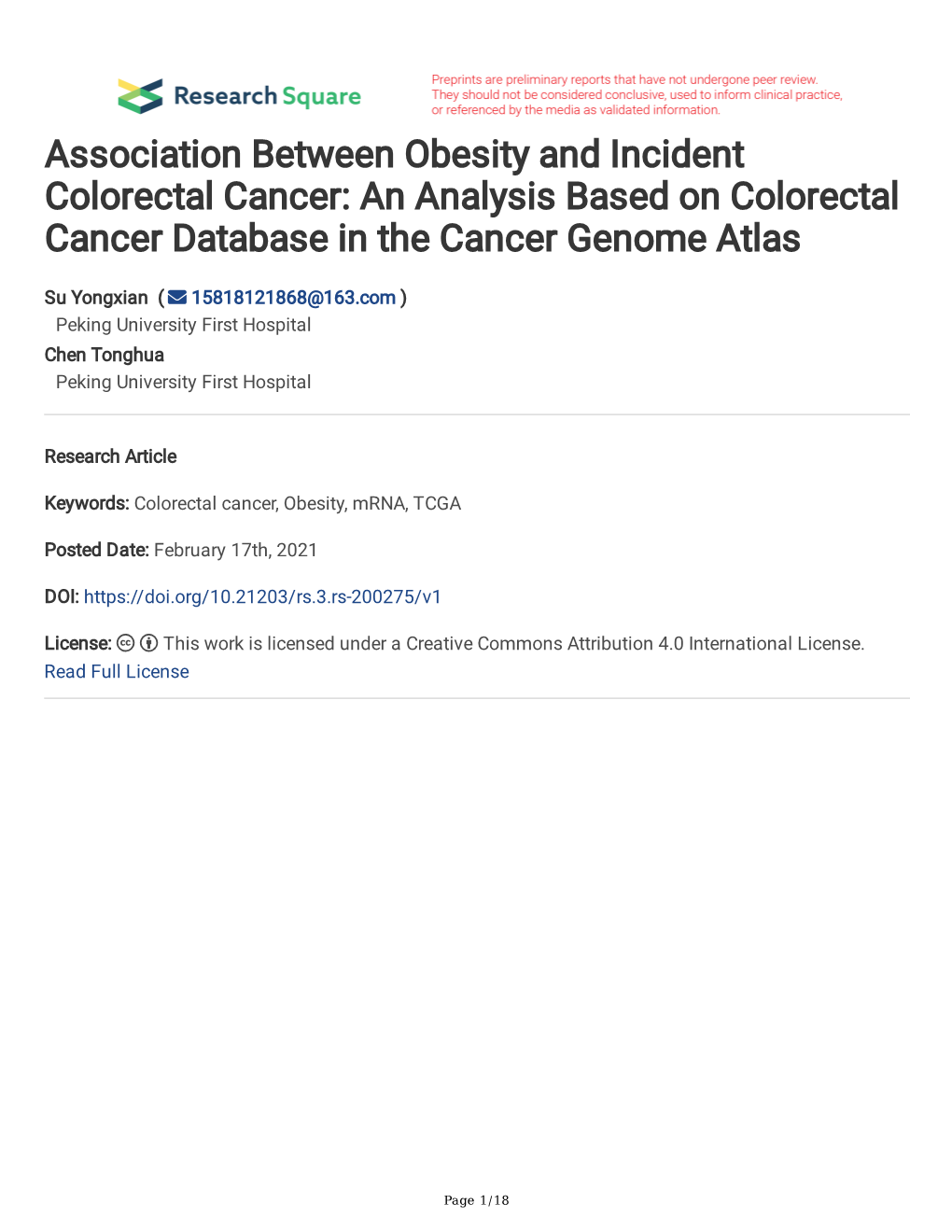 Association Between Obesity and Incident Colorectal Cancer: an Analysis Based on Colorectal Cancer Database in the Cancer Genome Atlas