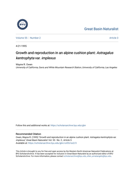 Growth and Reproduction in an Alpine Cushion Plant: Astragalus Kentrophyta Var