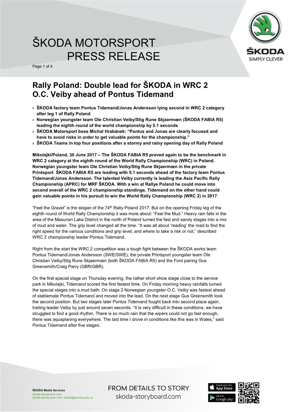 Rally Poland: Double Lead for ŠKODA in WRC 2 O.C