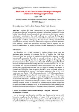Research on the Construction of Freight Transport Channel in Heilongjiang Province Nan