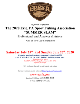 The 2020 Erie, PA Sport Fishing Association “SUMMER SLAM” Professional and Amateur Divisions