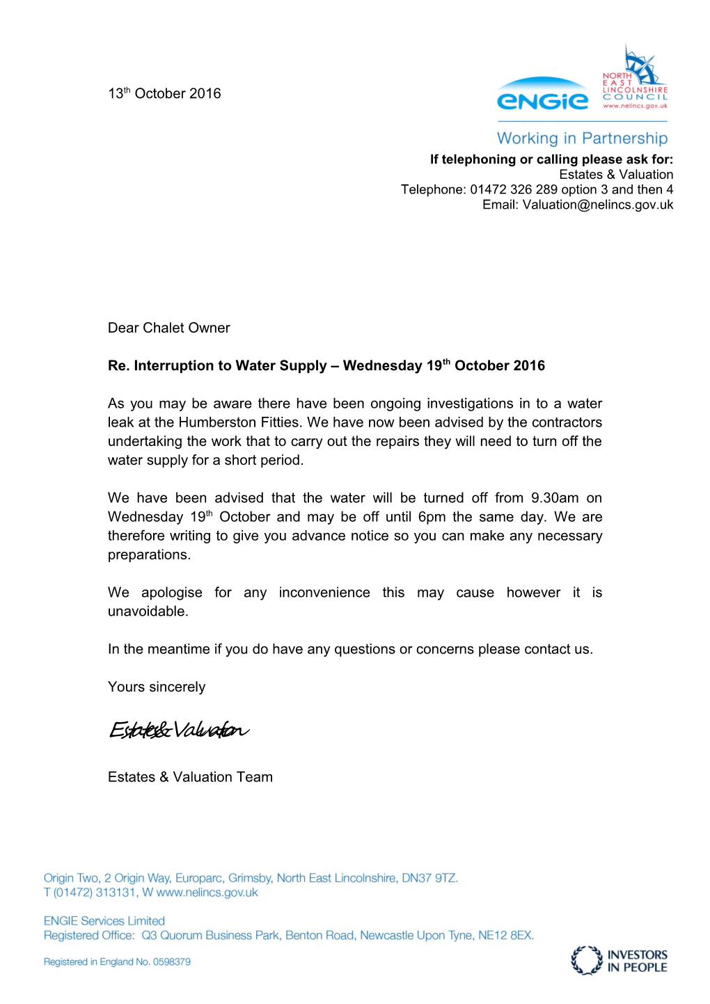 Re. Interruption to Water Supply Wednesday 19Th October 2016