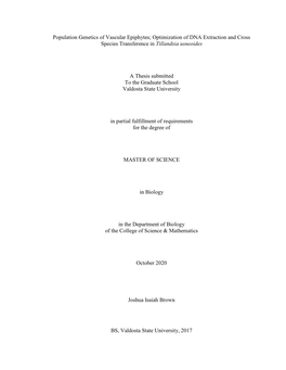 Population Genetics of Vascular Epiphytes; Optimization of DNA Extraction and Cross Species Transference in Tillandsia Usneoides