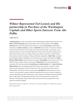 Wilmer Represented Ted Leonsis and His Partnership in Purchase of the Washington Capitals and Other Sports Interests from Abe Pollin