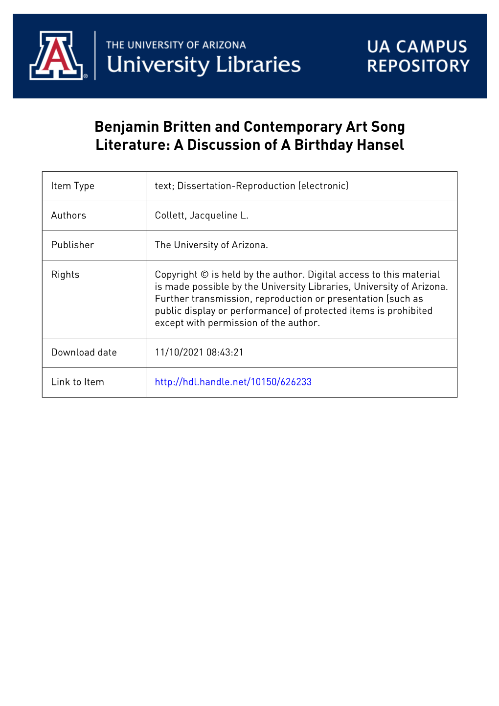 Benjamin Britten and Comtemporary Art Song Literature