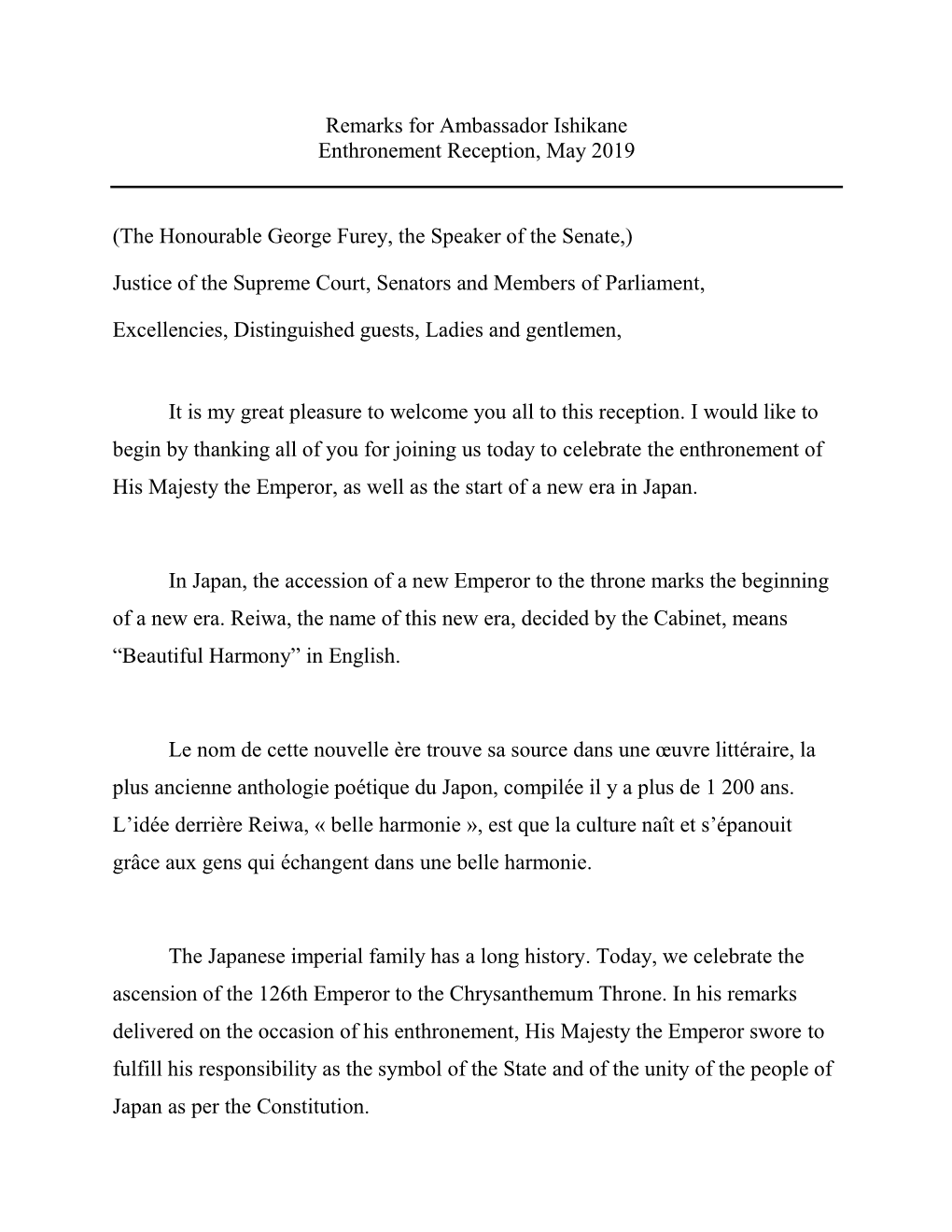 Remarks for Ambassador Ishikane Enthronement Reception, May 2019