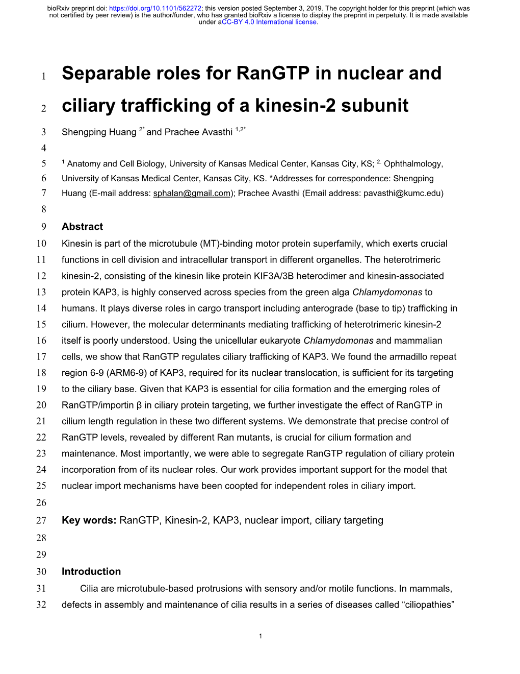 Separable Roles for Rangtp in Nuclear and Ciliary Trafficking of a Kinesin-2 Subunit