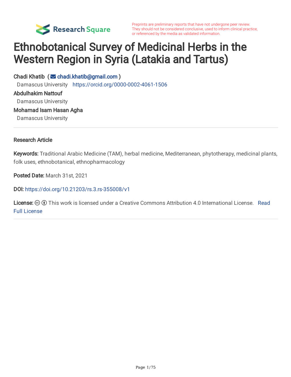 Ethnobotanical Survey of Medicinal Herbs in the Western Region in Syria (Latakia and Tartus)