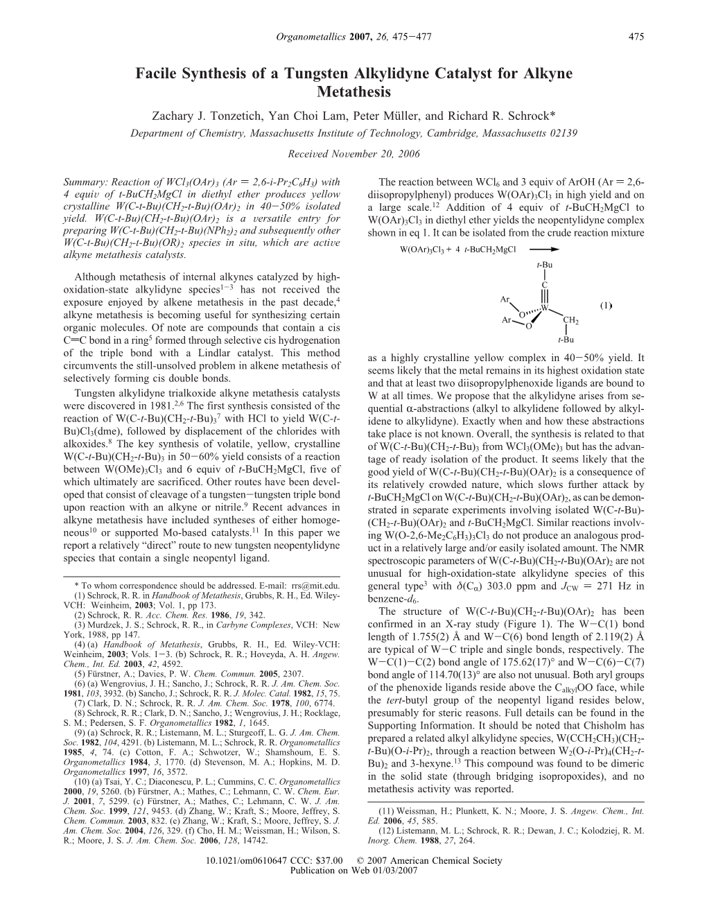 Facile Synthesis of a Tungsten Alkylidyne Catalyst for Alkyne Metathesis Zachary J