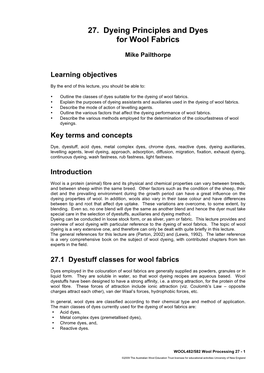 27. Dyeing Principles and Dyes for Wool Fabrics