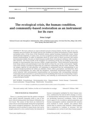 The Ecological Crisis, the Human Condition, and Community-Based Restoration As an Instrument for Its Cure