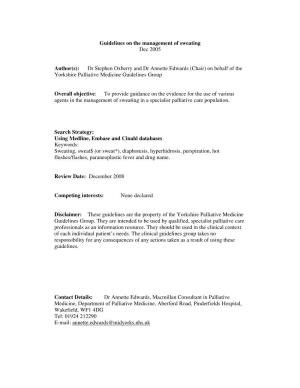 Guidelines on the Management of Sweating Dec 2005 Author(S)